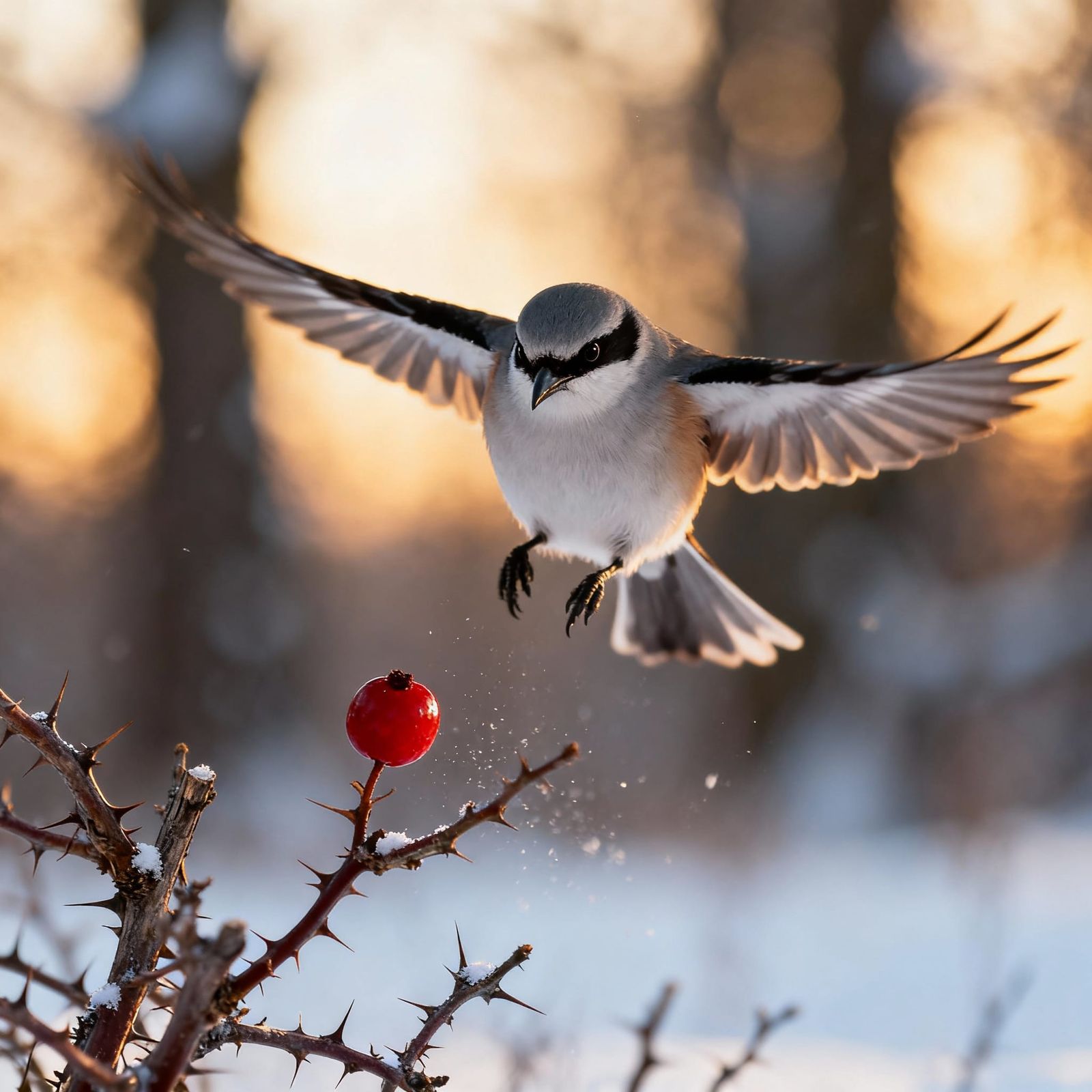 Dramatic Shrike Bird in Flight with Red Berry