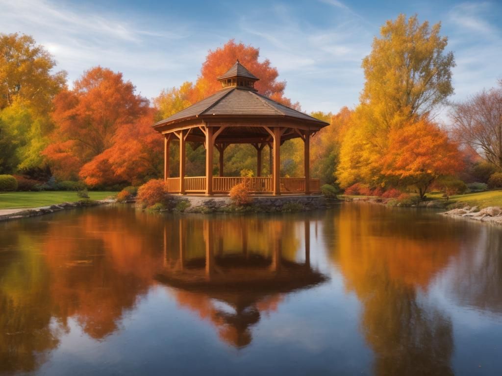 Autumnal Garden Park with River and Gazebo