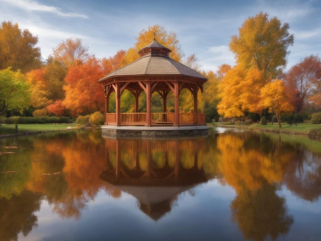 Autumn Garden Park with Gazebo in Hyperrealistic Style