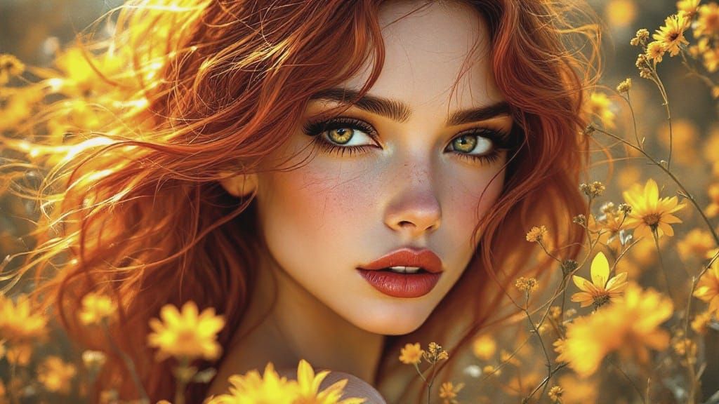 Whimsical Red-Haired Woman in Sunlit Meadow