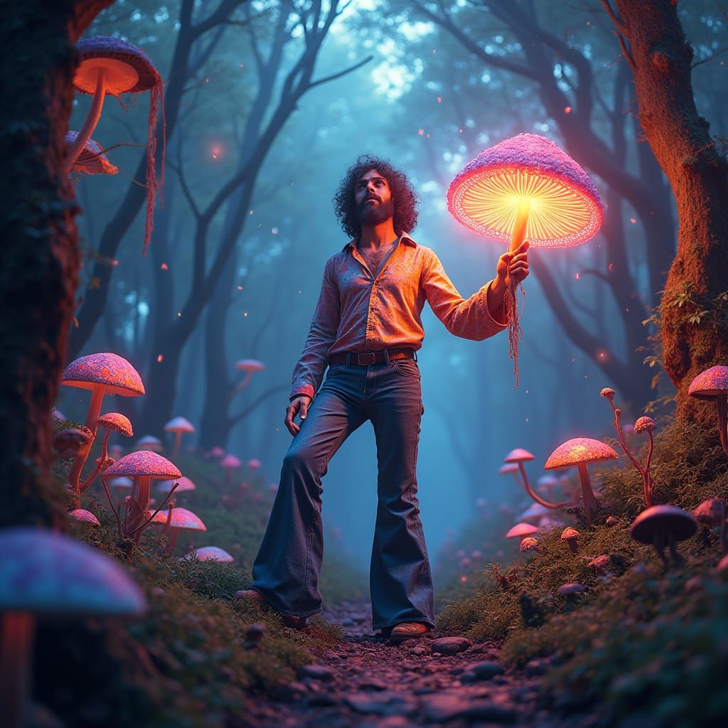 Psychedelic Portrait of Terrence McKenna in Vibrant Forest S...