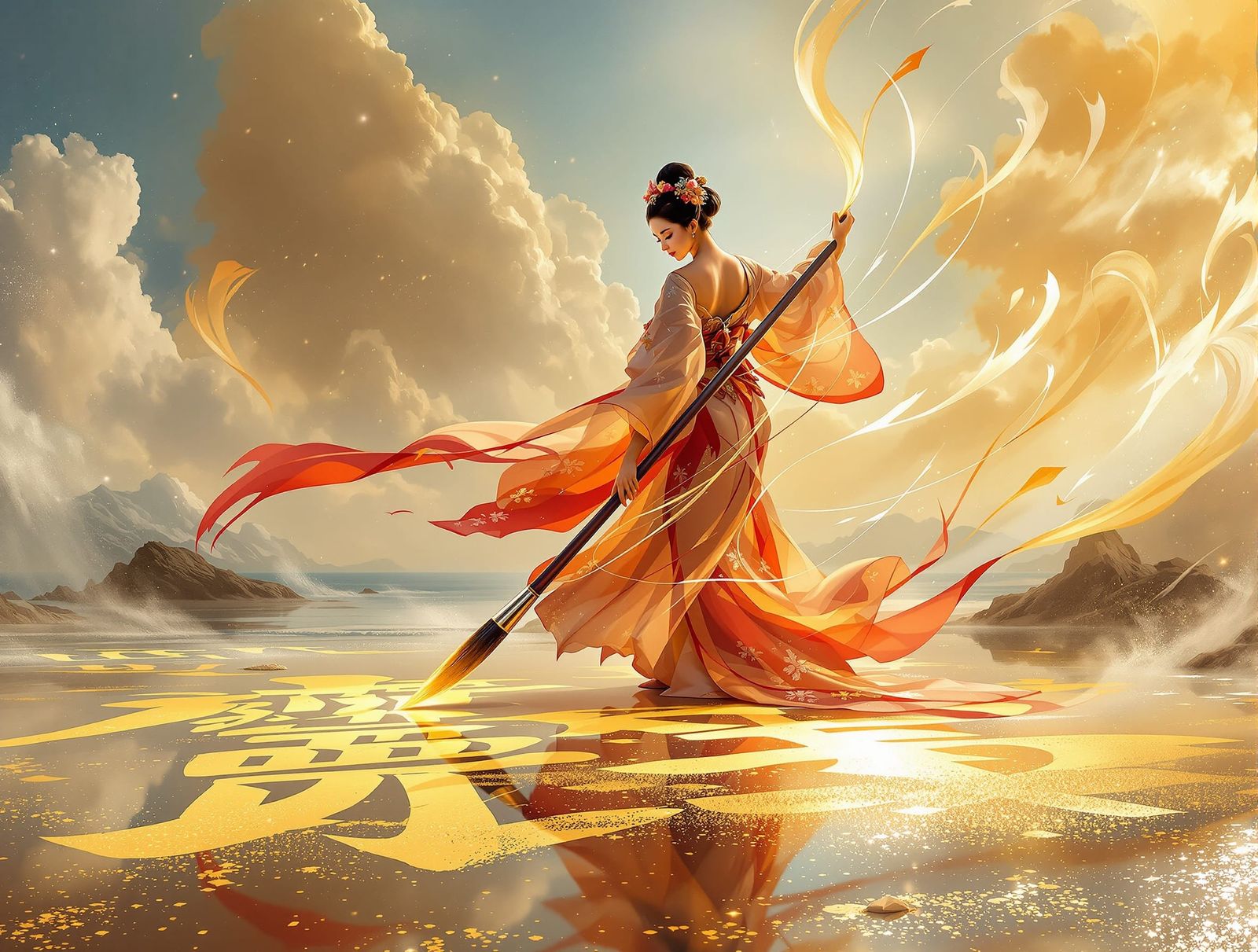 Japanese Princess Dancing with Paintbrush in Airbrush Style