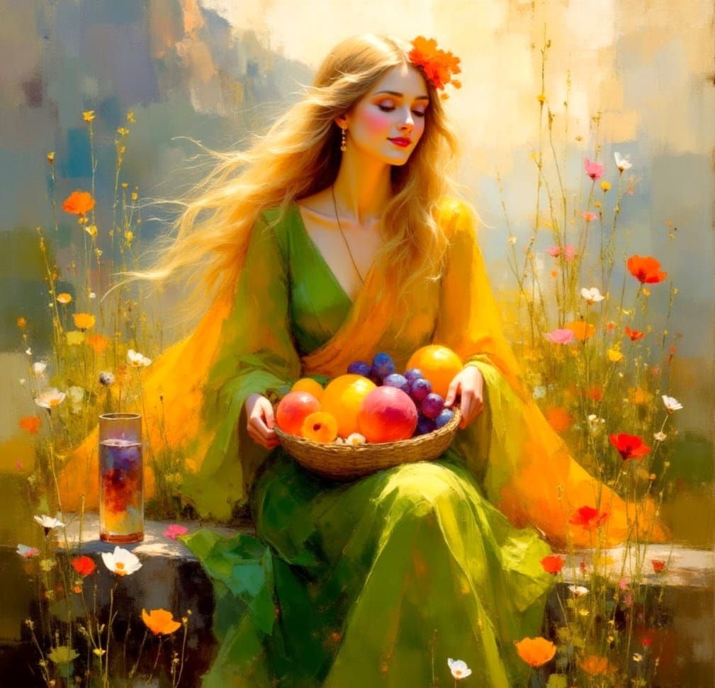 Goddess of Abundance in a Sunny Peach Orchard