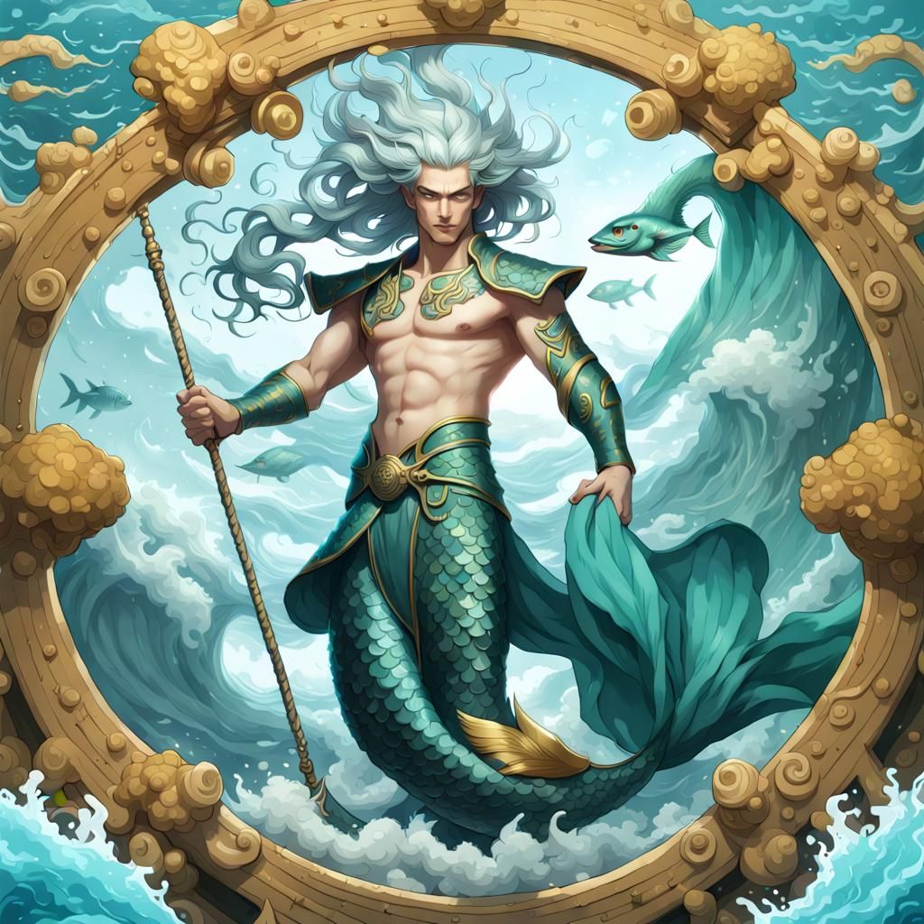 God of the Seas, Storms and Oceans as a Young Man with Teal....