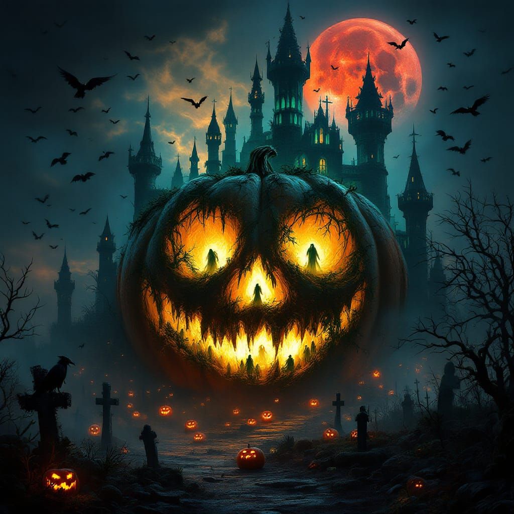 Gigantic Glowing Pumpkin Fortress in Foggy Graveyard