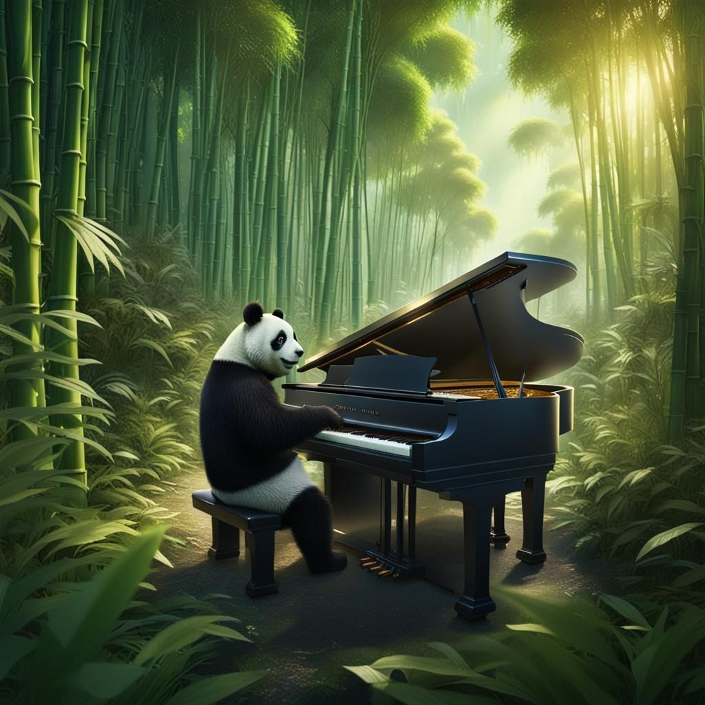 Panda Bear Plays Piano in Bamboo Forest