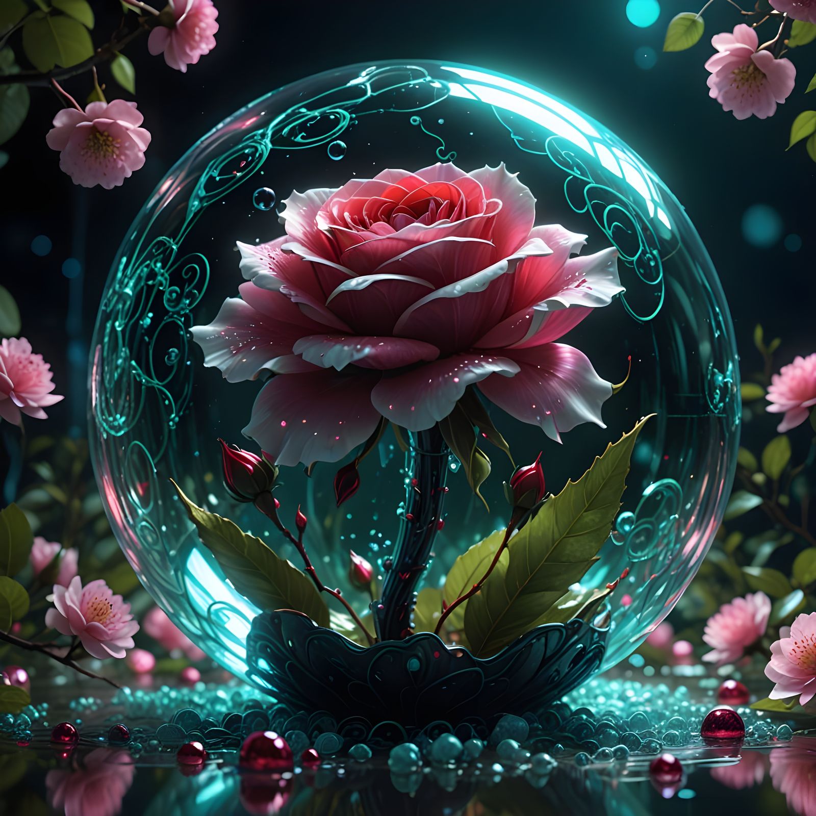 Ethereal Ruby Rose in Cybernetic Bloom