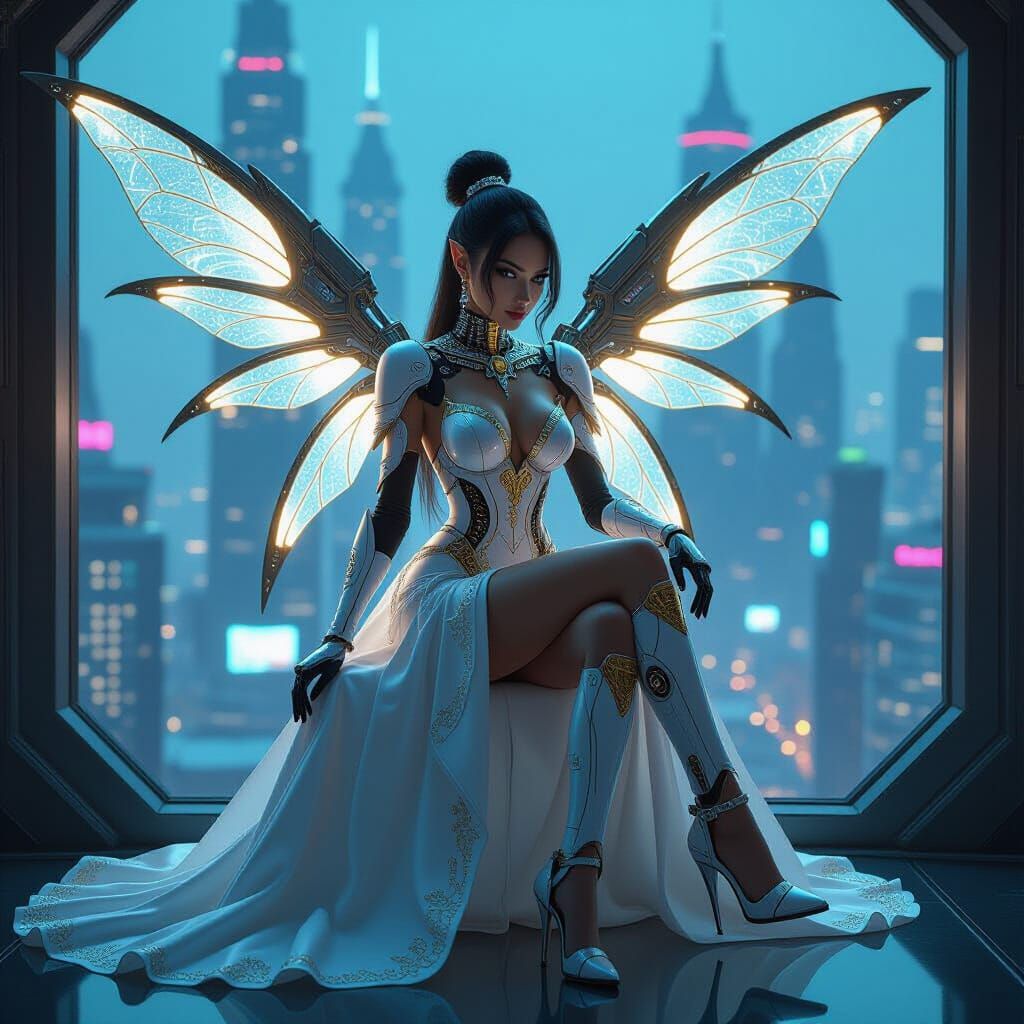Cyberpunk Fairy Android with Robotic Wings