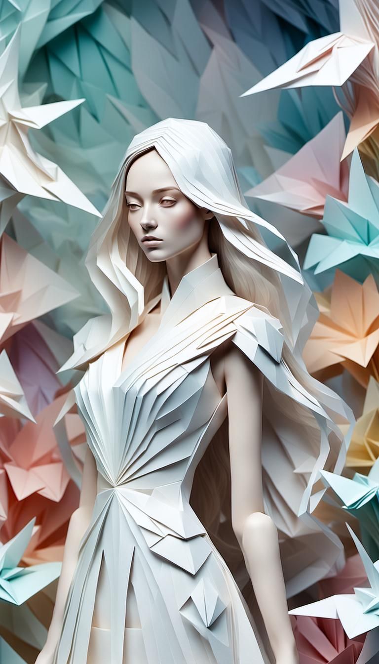 Origami Woman Sculpture in Futuristic Garden
