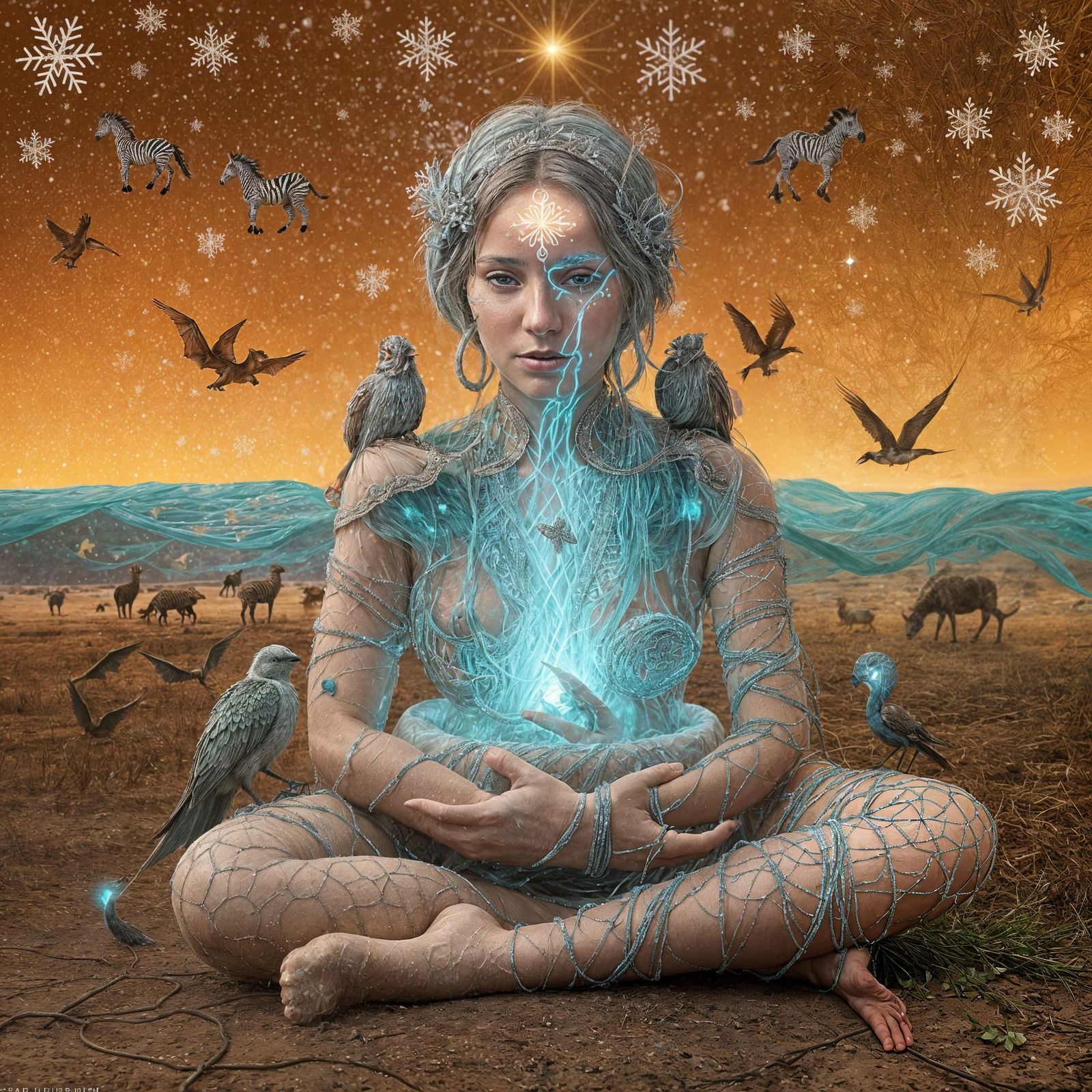 Mystical Shaman with Ice Skin and Bioluminescent Oasis