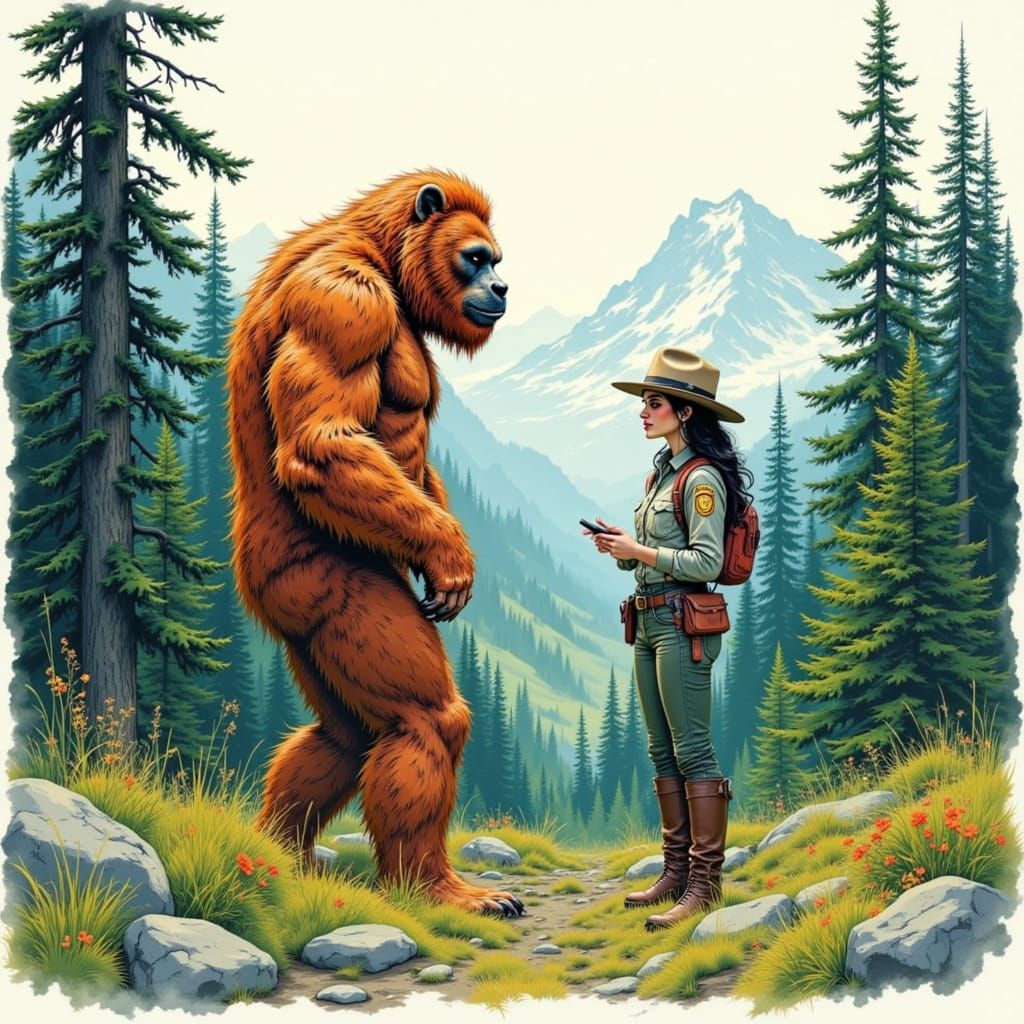 Sasquatch and Forest Ranger in Watercolor Fantasy