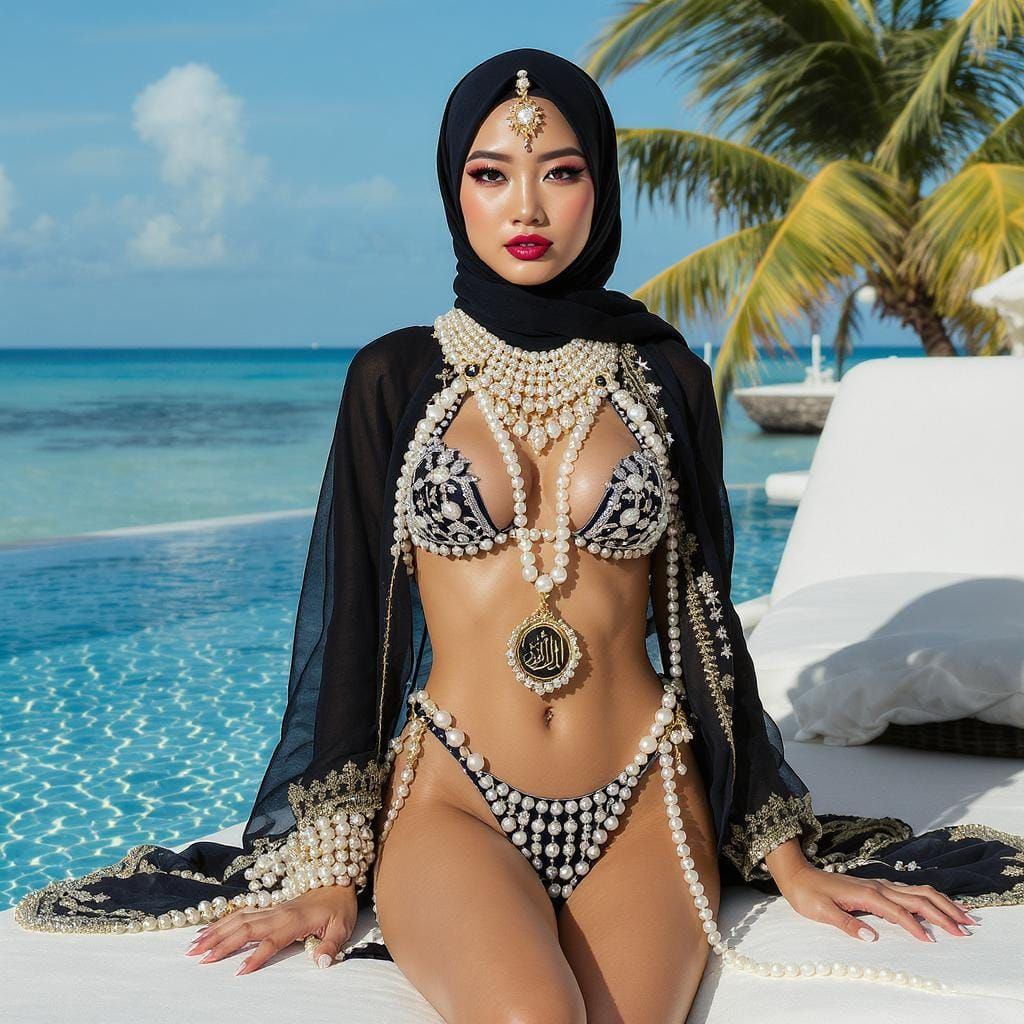 Asian Woman in Hijab with Pearl Jewelry