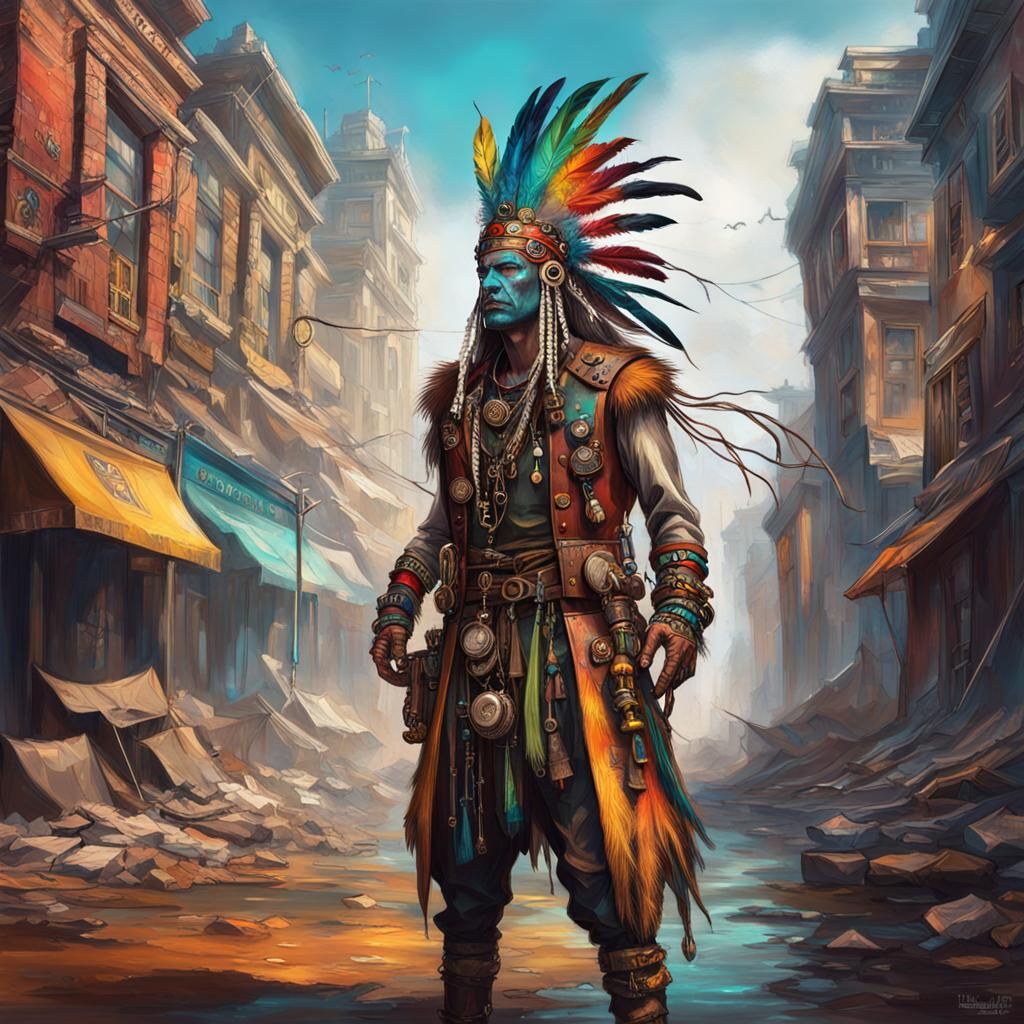 Steampunk Apocalypse Shaman in Deserted City