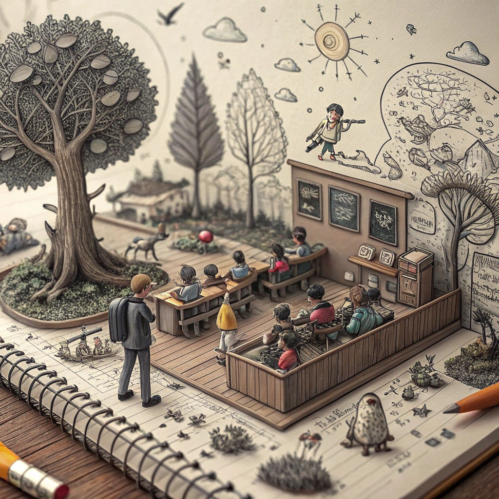 Chaotic Classroom Doodle in Hyperdetailed Charcoal Style