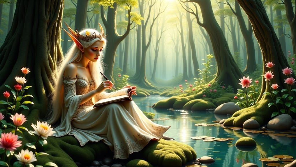 An ethereal elf, writing in her journal