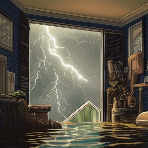 Flooded House Interior During Hurricane in Comic Book Style