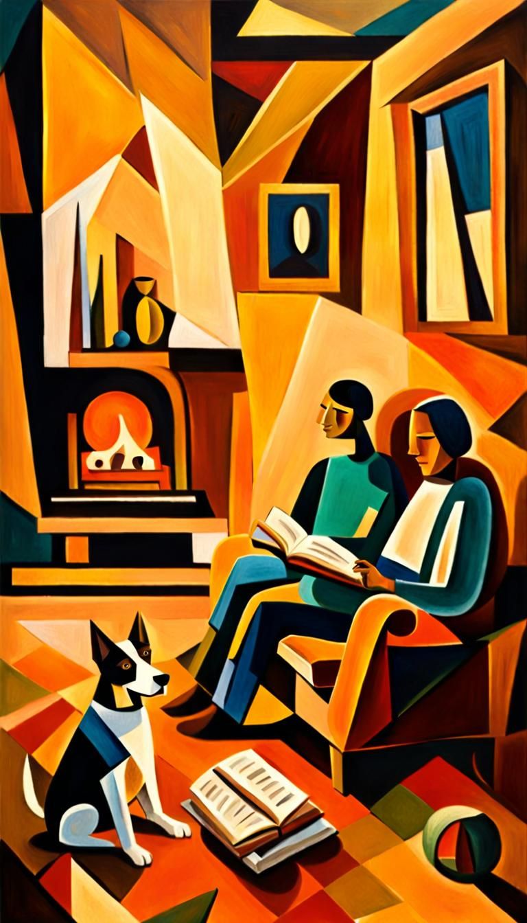 Cubist Family Scene in Cozy Living Room