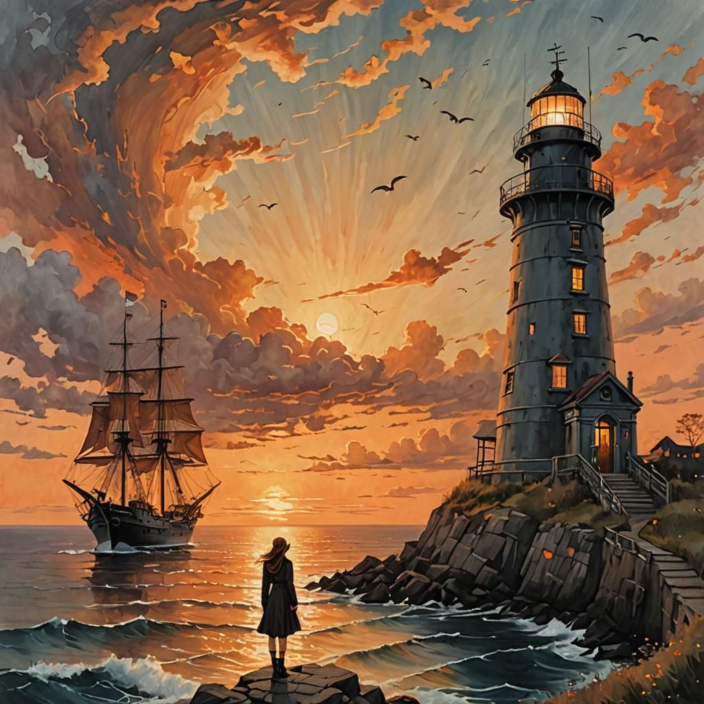 Girl Watches Ghost Ship at Dusk in Watercolor Style