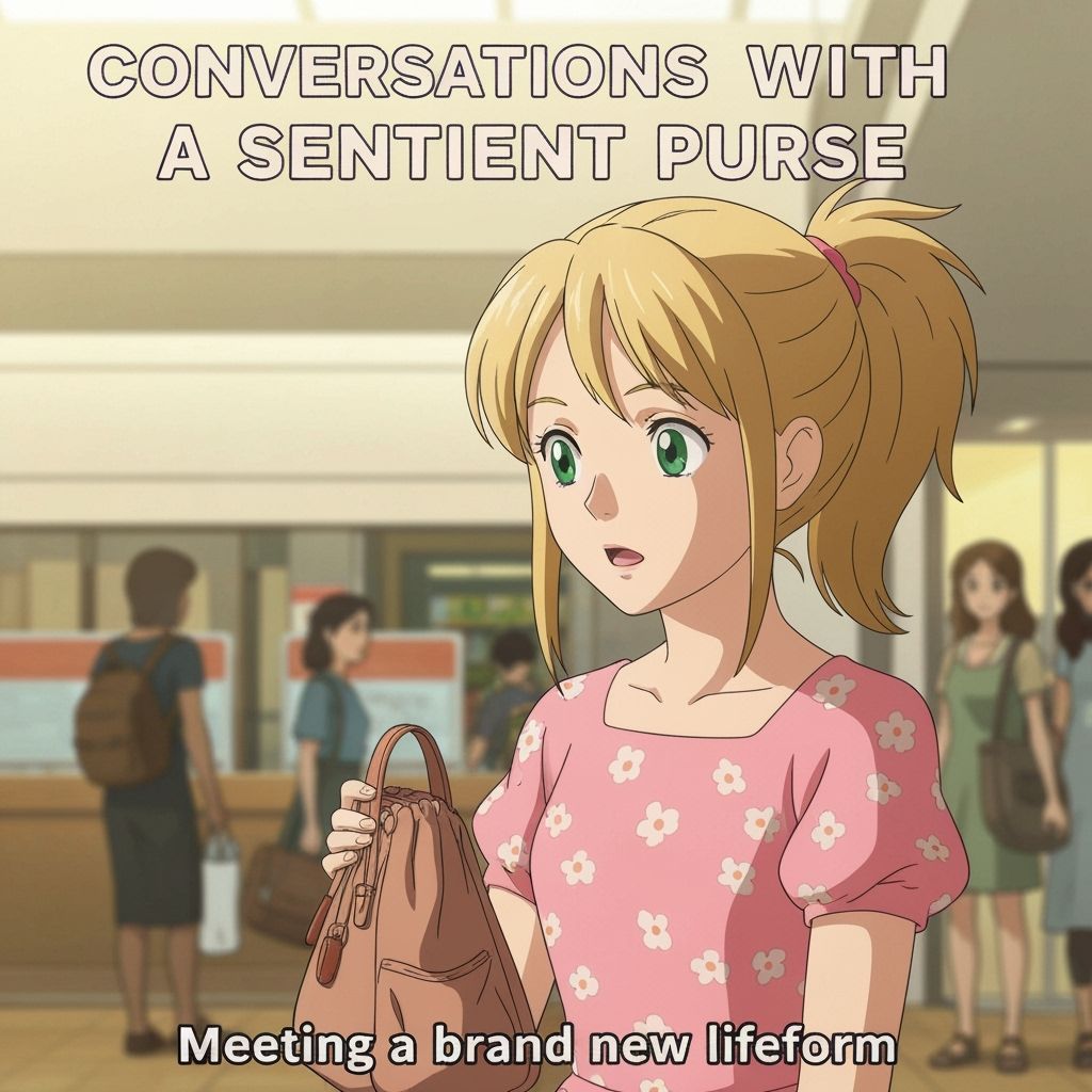 Girl Talking to Sentient Purse in Anime Style