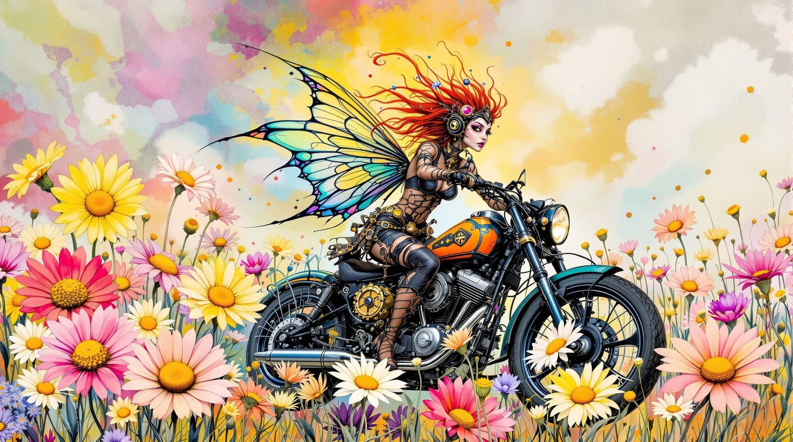 Steampunk Fairy Motorcycle Ride, Etched Ink Style