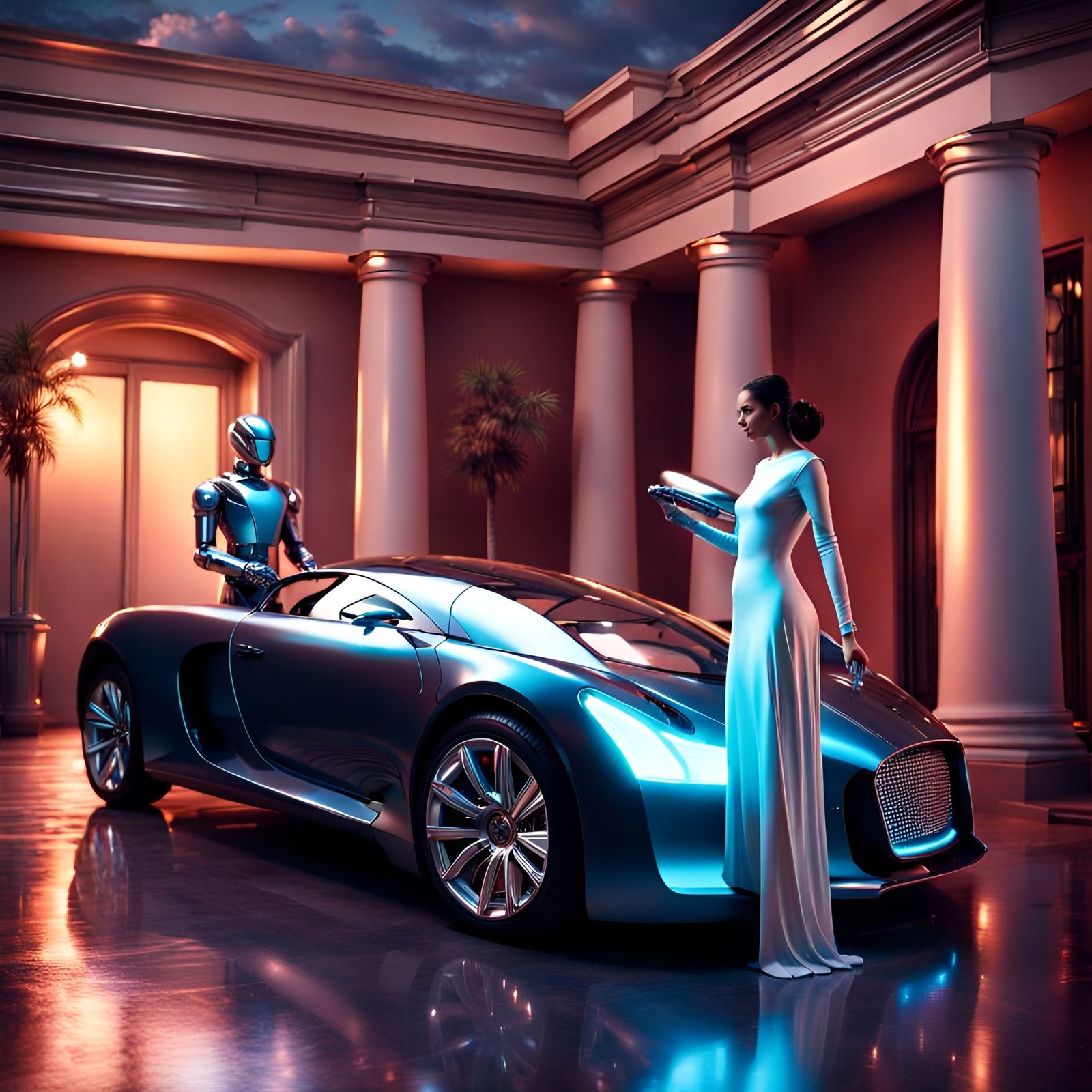 Android Butler Helping Lady into Exotic Car