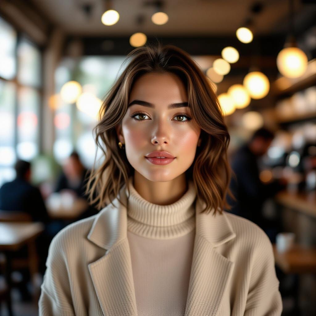 Calm Person in Bustling Cafe, Golden Hour Light