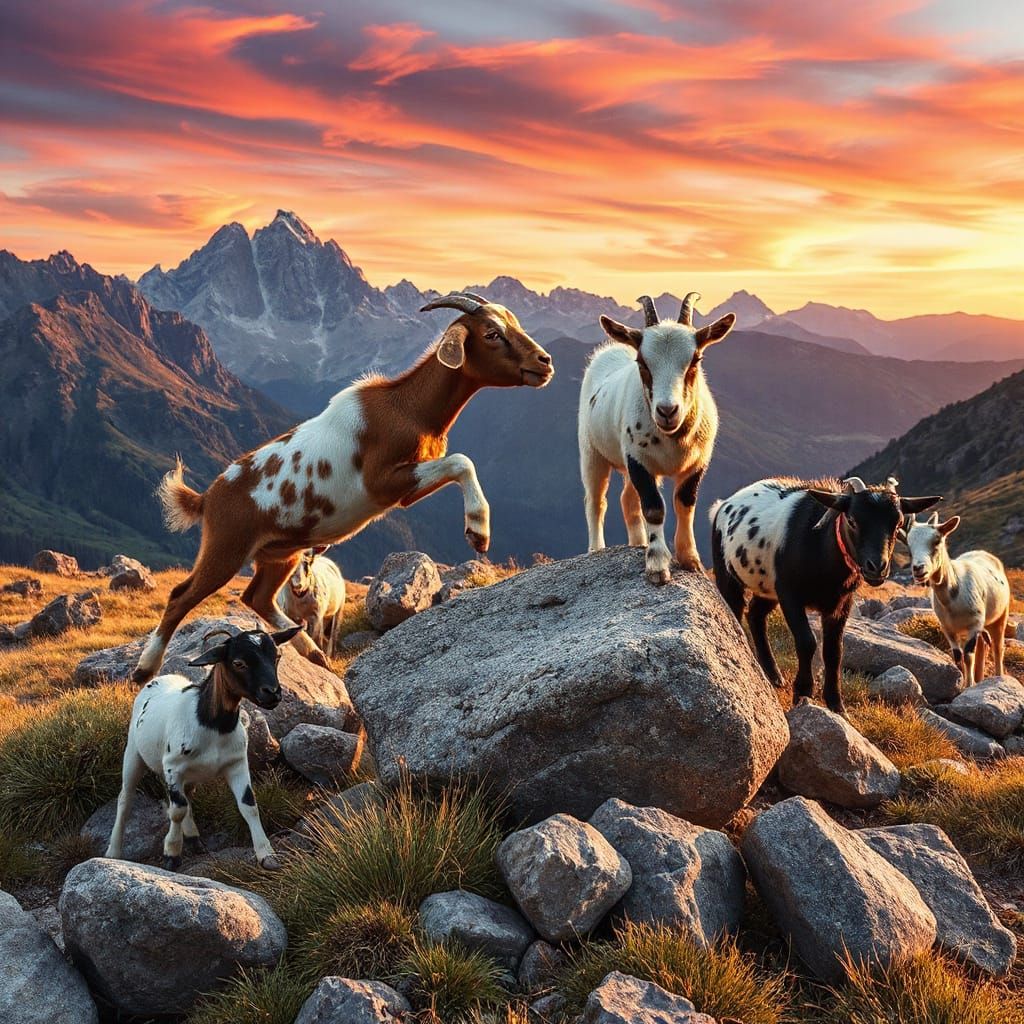 Vibrant Mountain Meadow Goat Frolic