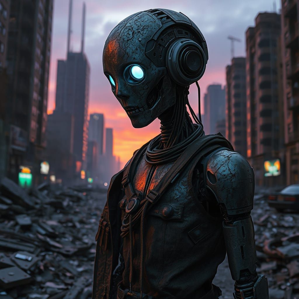 Cyberpunk Android Scavenges Through Dystopian Urban Ruins