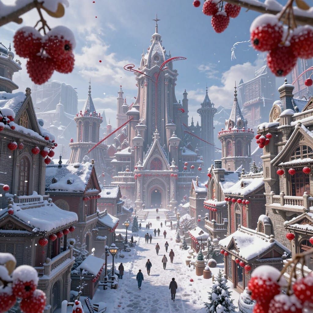 Urban Fantasy Winter Cityscape with Snow and Berries
