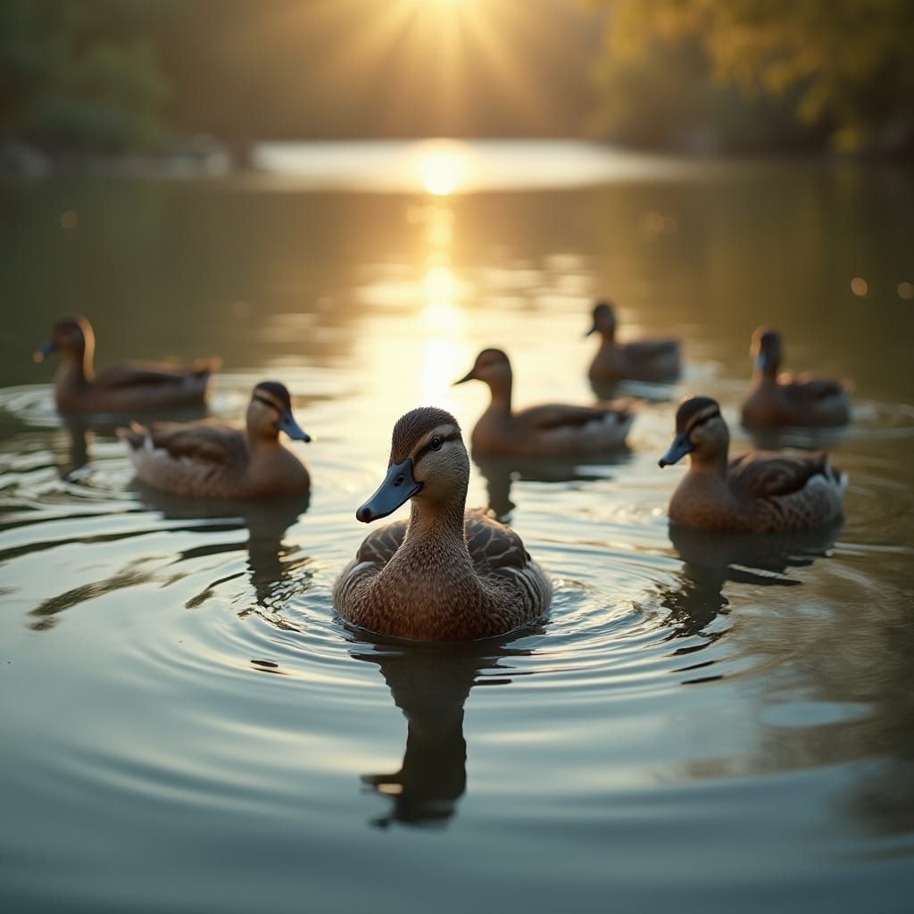 Lonely Duck Sinking in Serene Lake, Mocked by Fellow Ducks