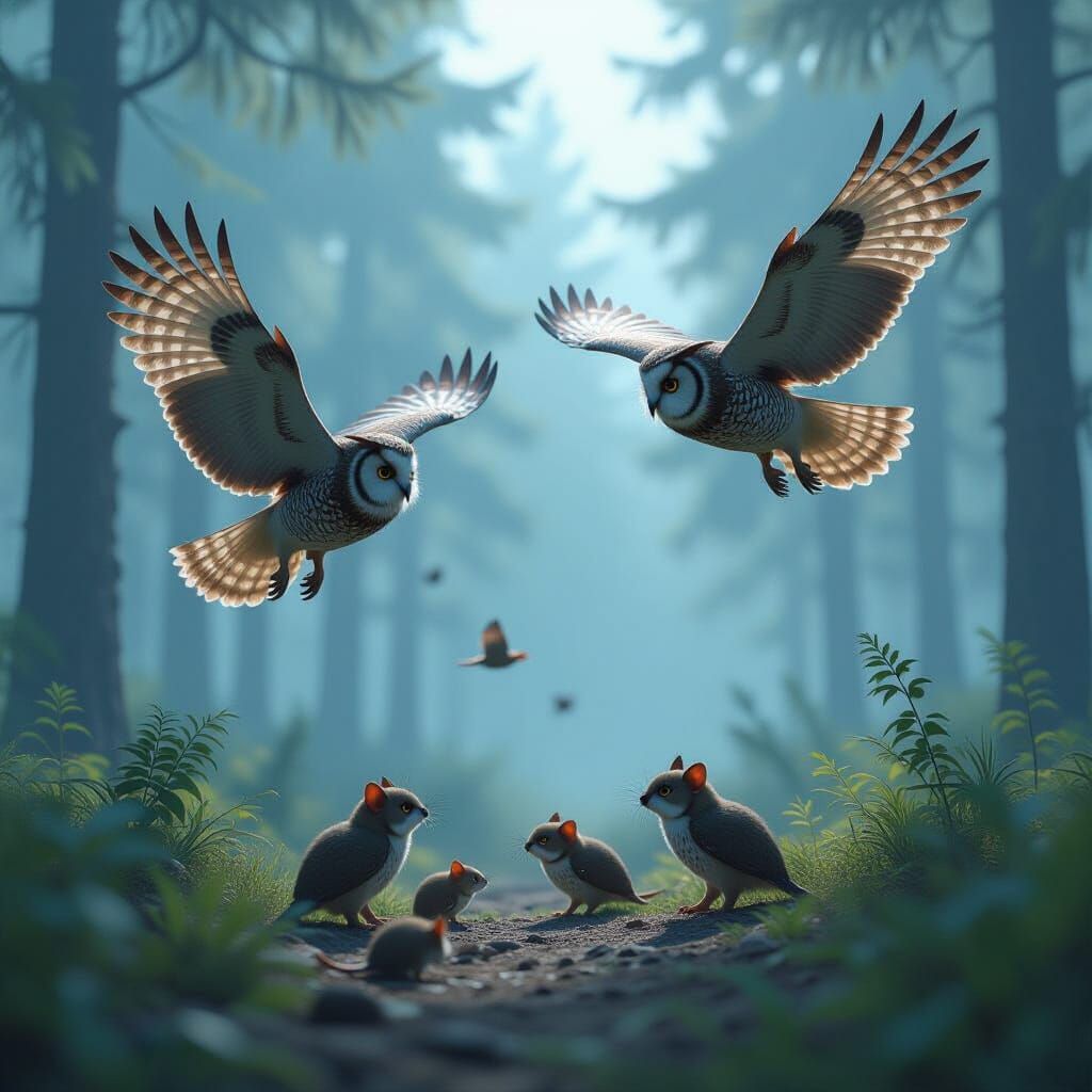Owls Hunting in Misty Forest, 3D Anime Art