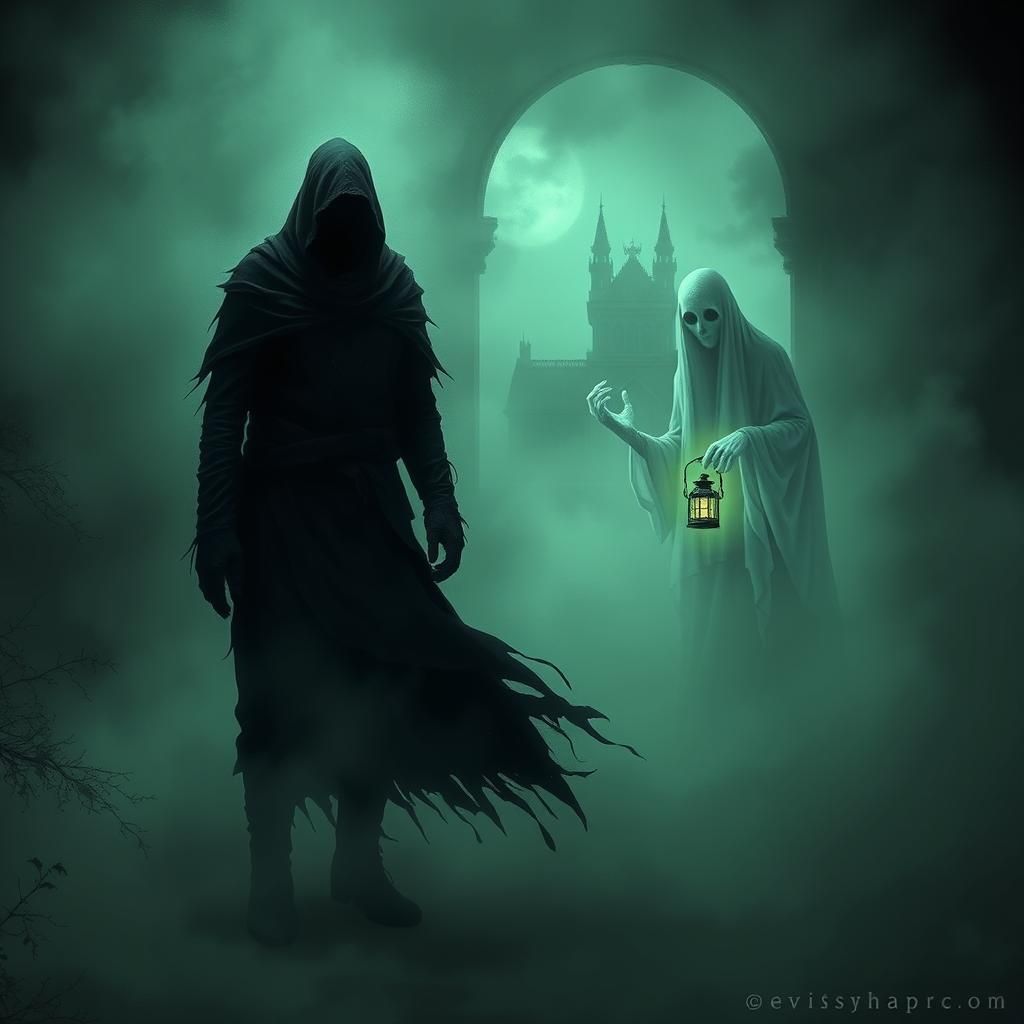 Lovecraftian Nightmare: Sinister Figure and Green Ghost