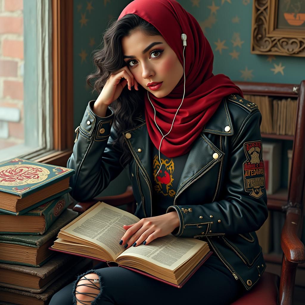 Edgy Hijabi Punk with Books and Vinyl, Art Nouveau Style