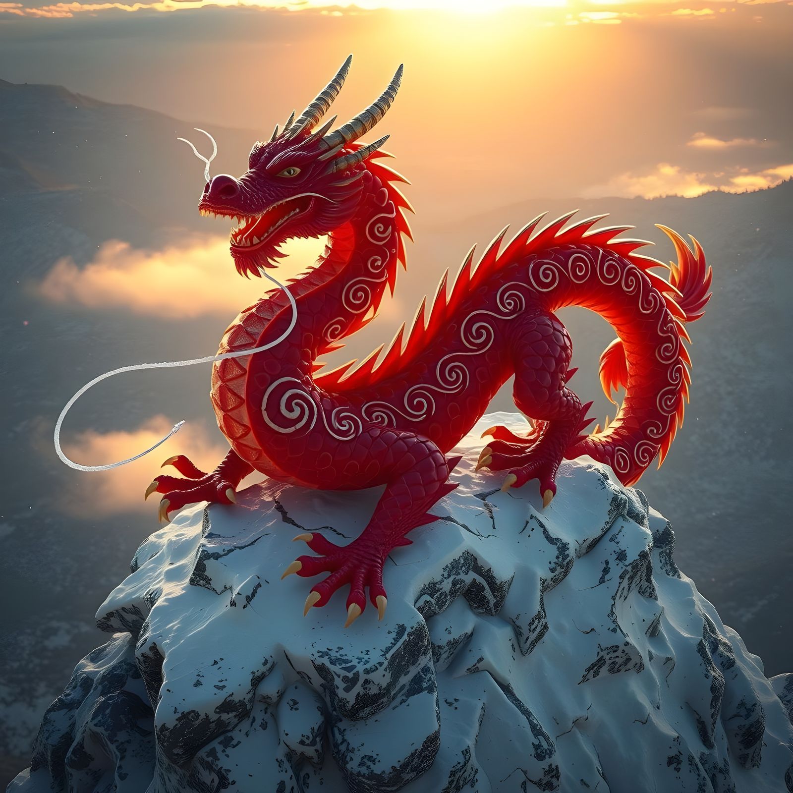 Red Coral Dragon on Snowy Mountain in 3D