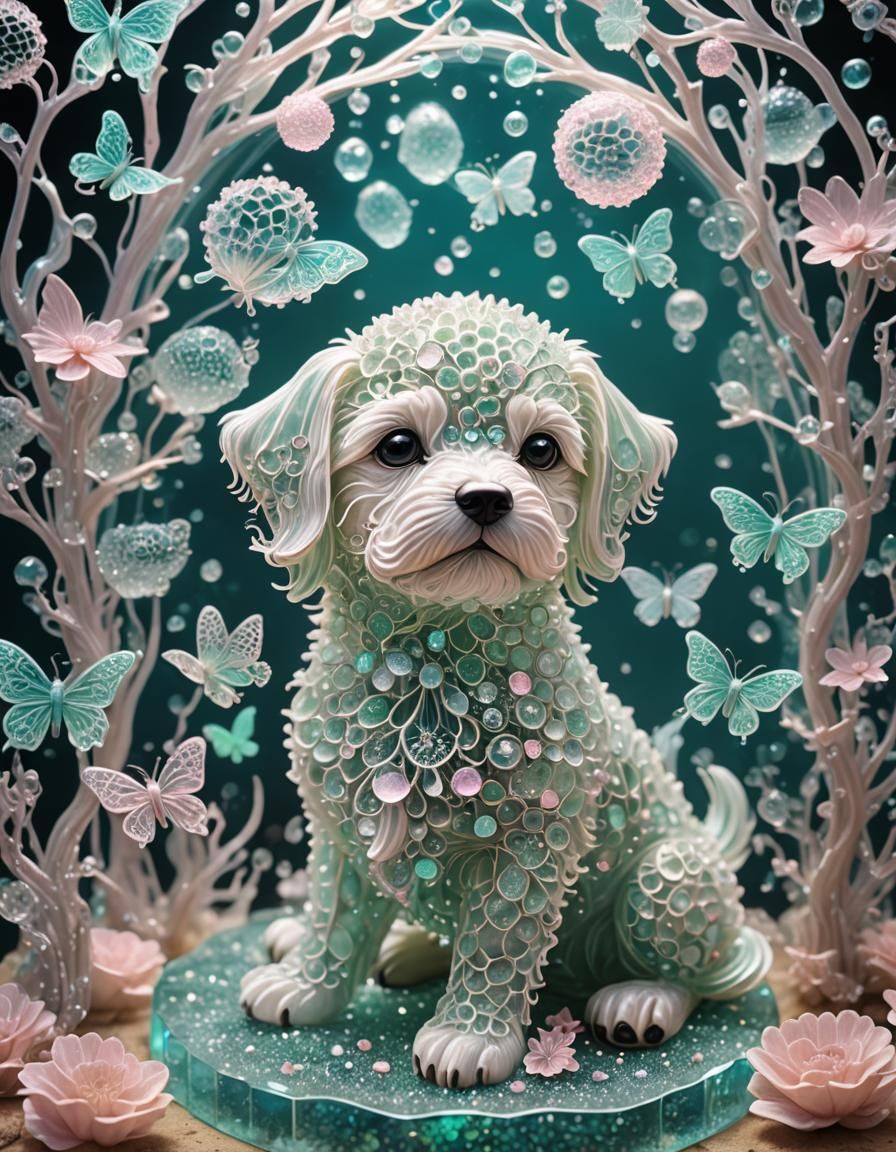 Crystal Puppy with Bioluminescent Butterflies: A Glass Sculp...