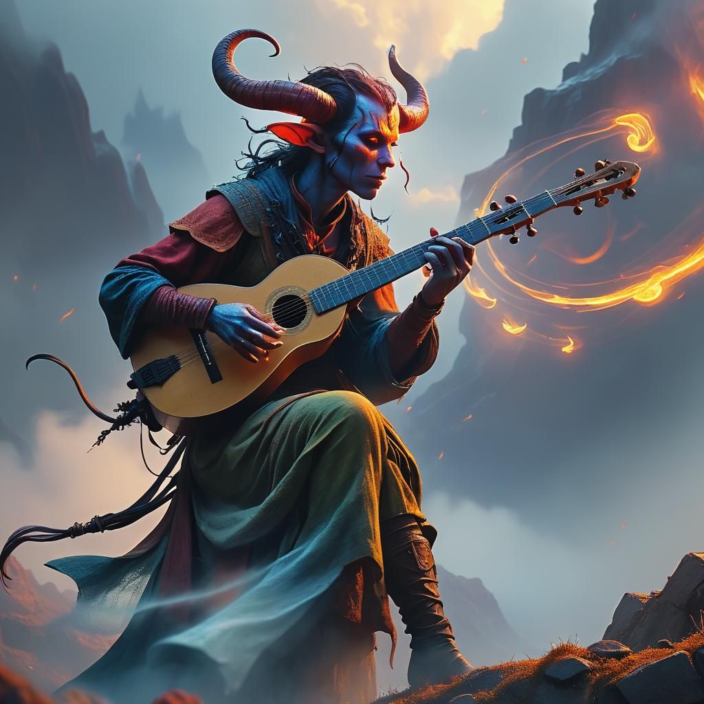 Tiefling Bard's Mystical Performance in Digital Art