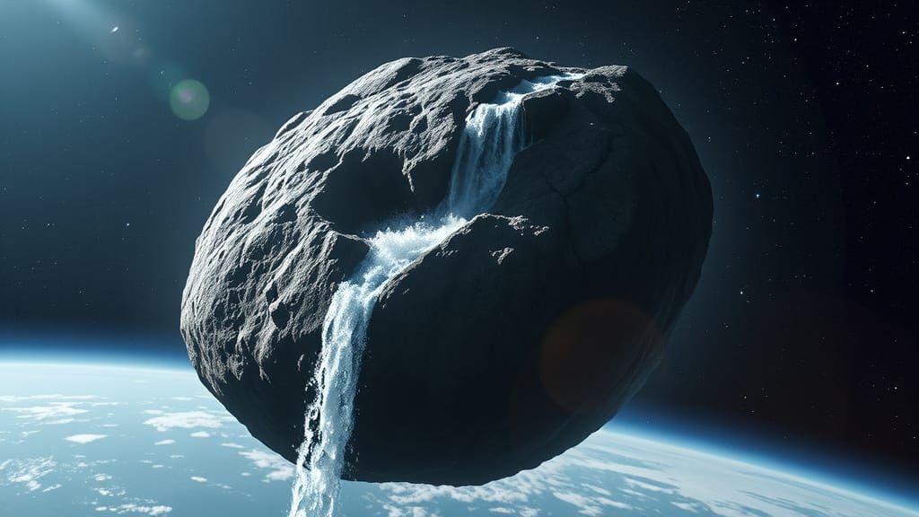 Ethereal Waterfall Cascades from Asteroid in Space