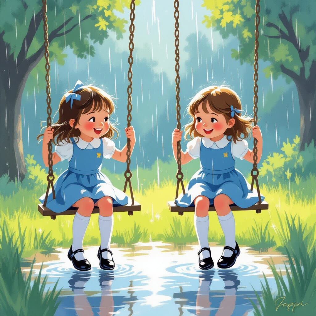 Joyful Girls Swinging in the Rain