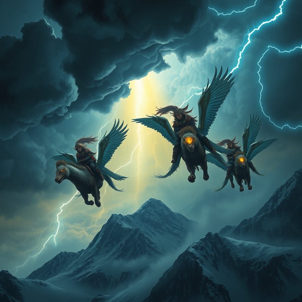 Majestic Riders Soar Through Turbulent Thunderstorm Skies