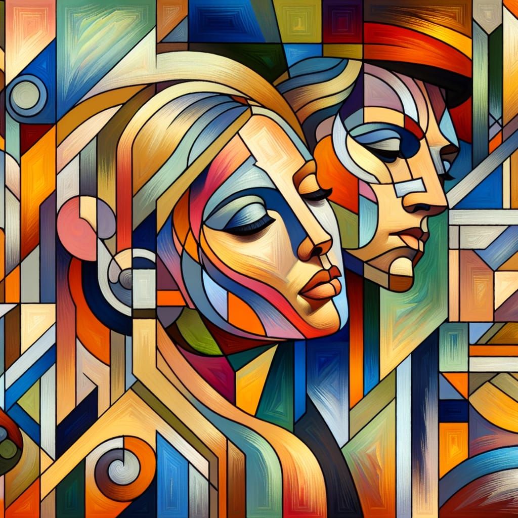 Cubist Painting of Woman and Man in Neo-Cubism Style
