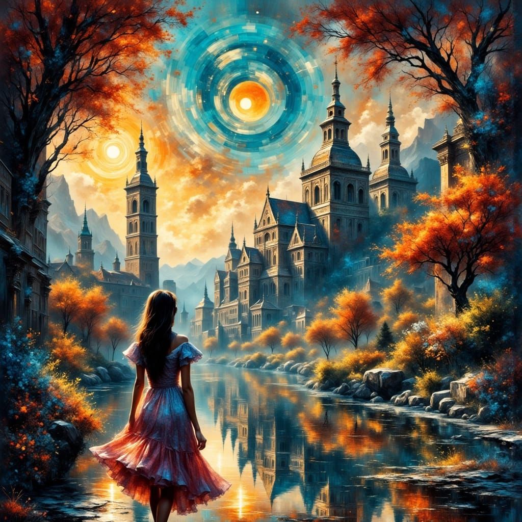 Serene Woman in a Blissful Futuristic Town