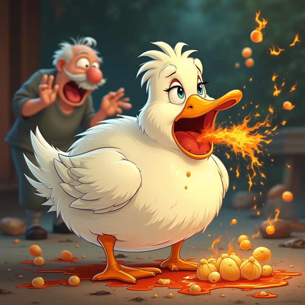 Duck in Spicy Momo Crisis, Laying Eggs in Cartoon Chaos