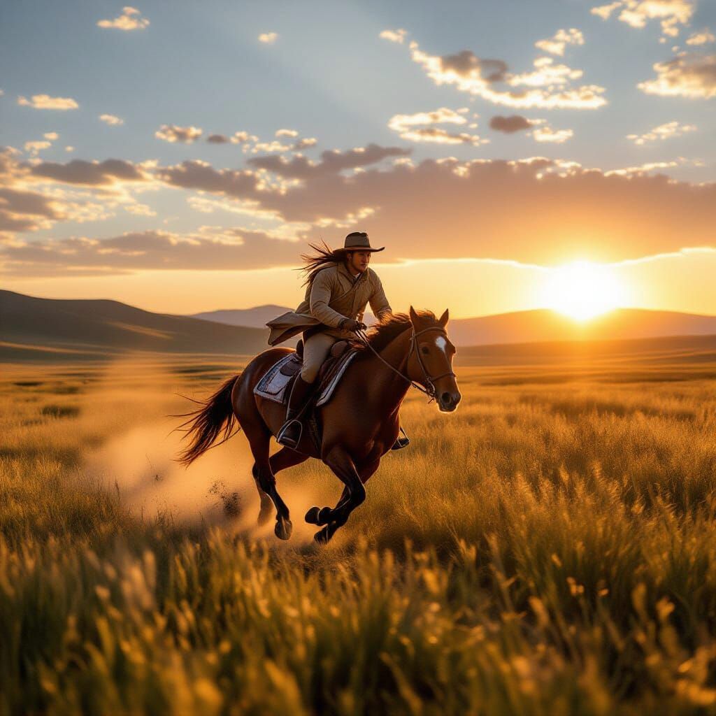 Mongolian Horse Rider at Sunset Photo-Realism