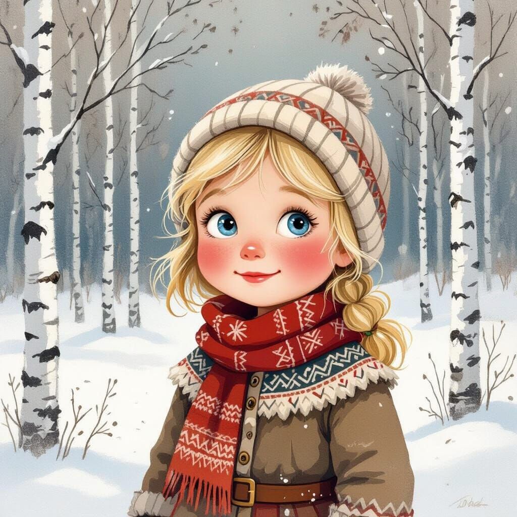 Nordic Child in Snowy Forest at Dawn
