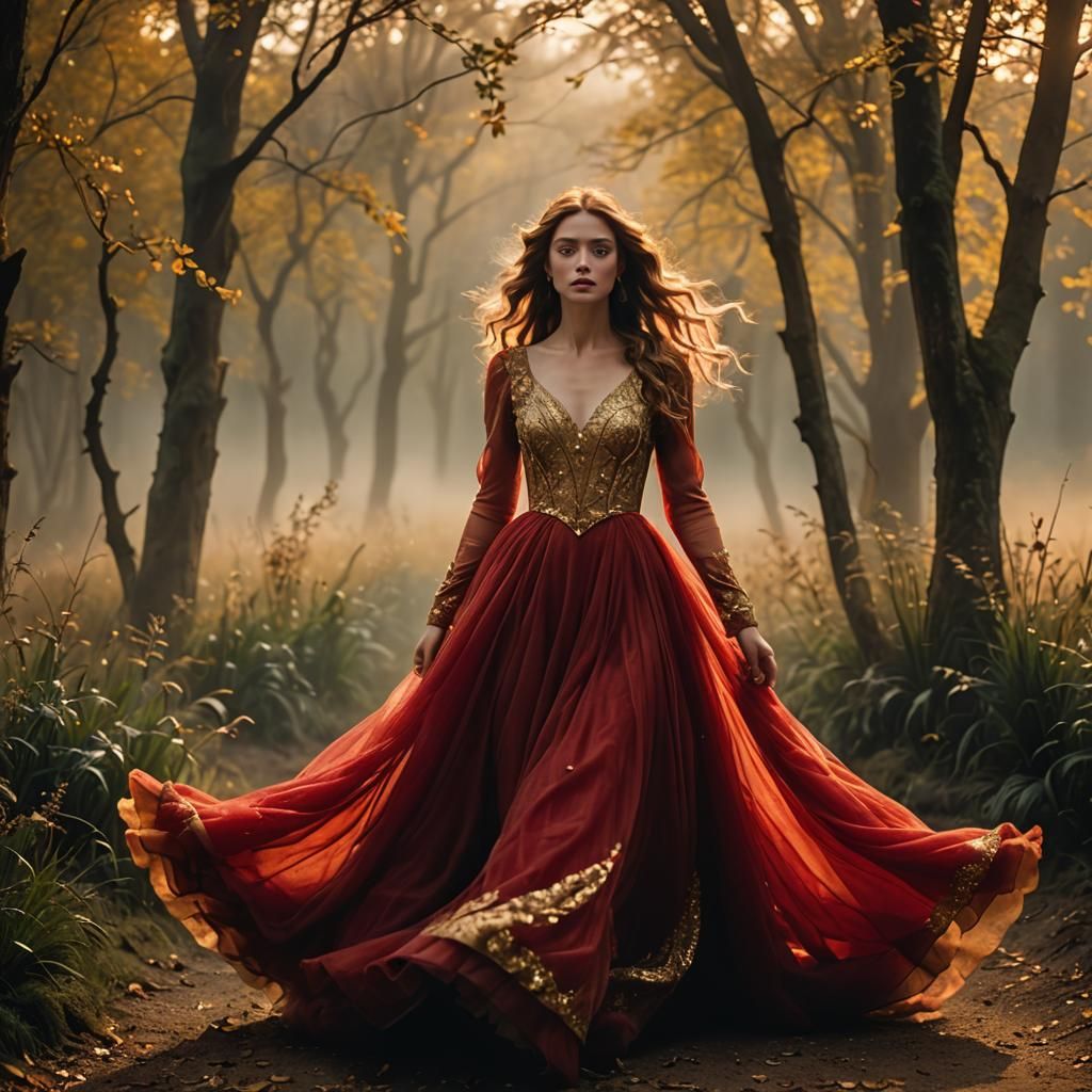 Red Gown in the Wind: Pre-Raphaelite Style
