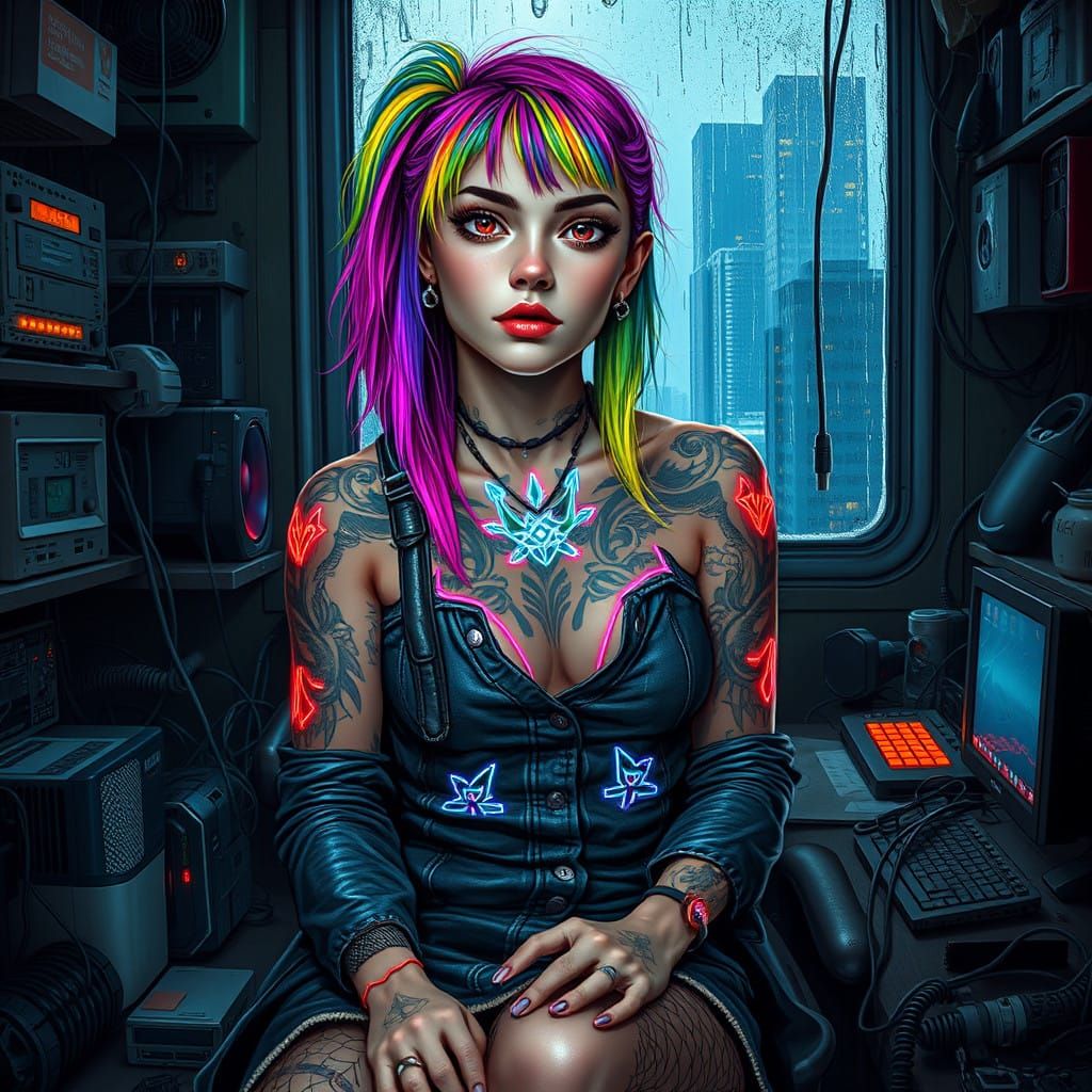 Cyberpunk Goddess in a Tech Hideout