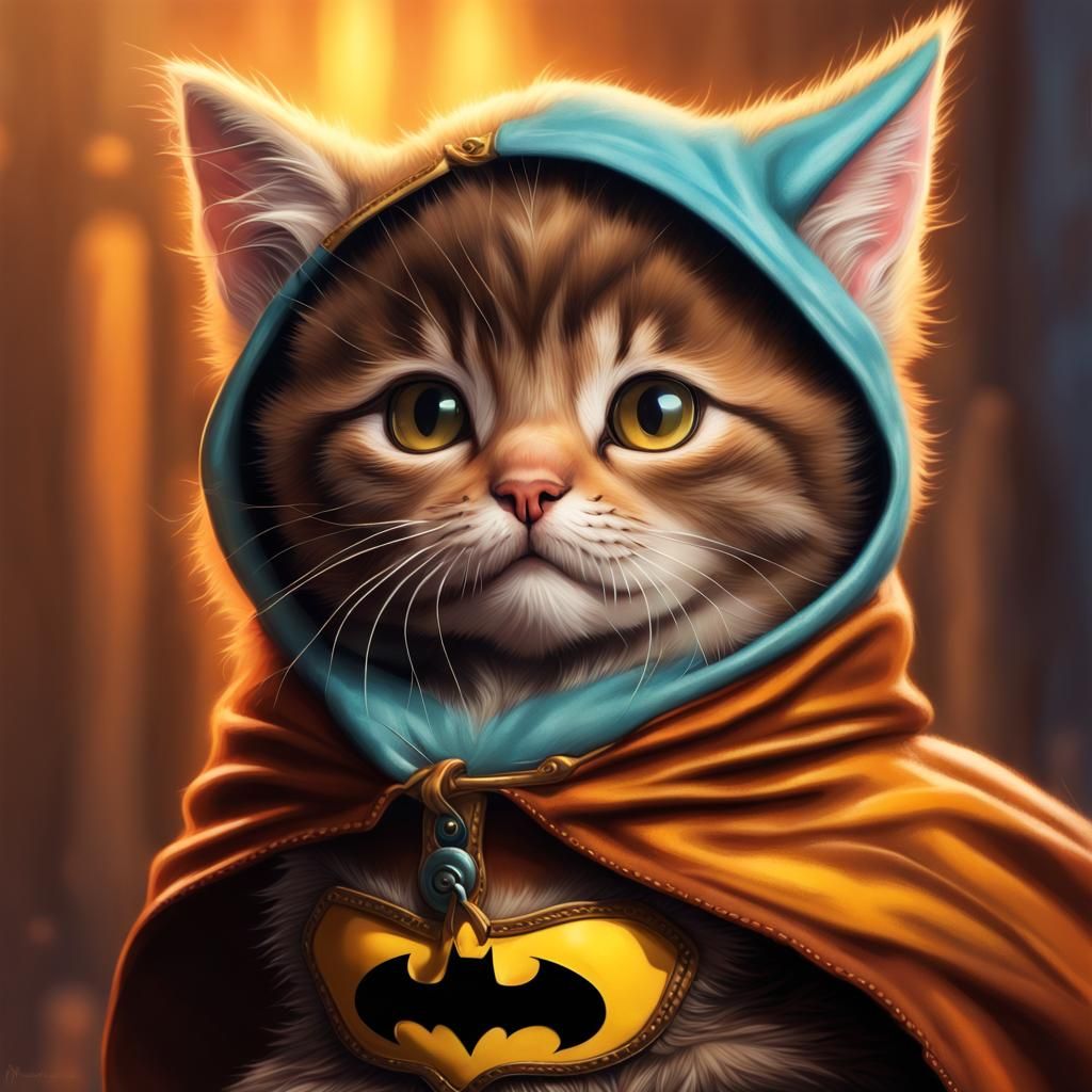 Hyperrealistic Kitten as Robin in Splash Art
