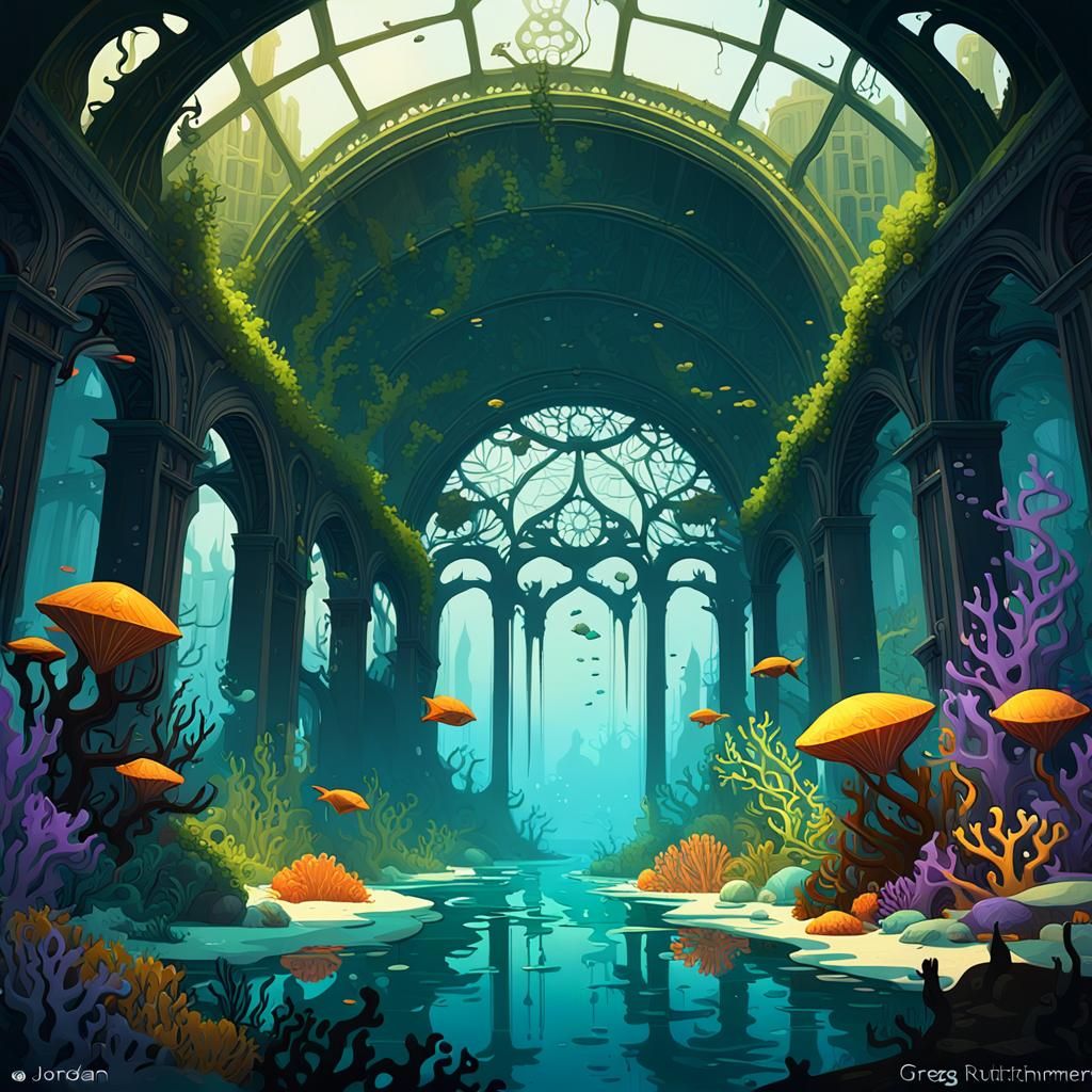 Eerie Underwater Cityscape in Dark Fantasy Style