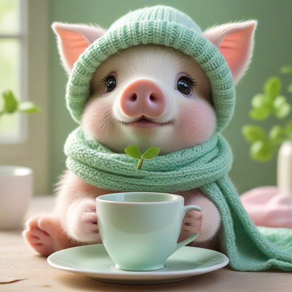 Aqua Whimsy: A Gentle Piggy Sips Coffee in Morning Light