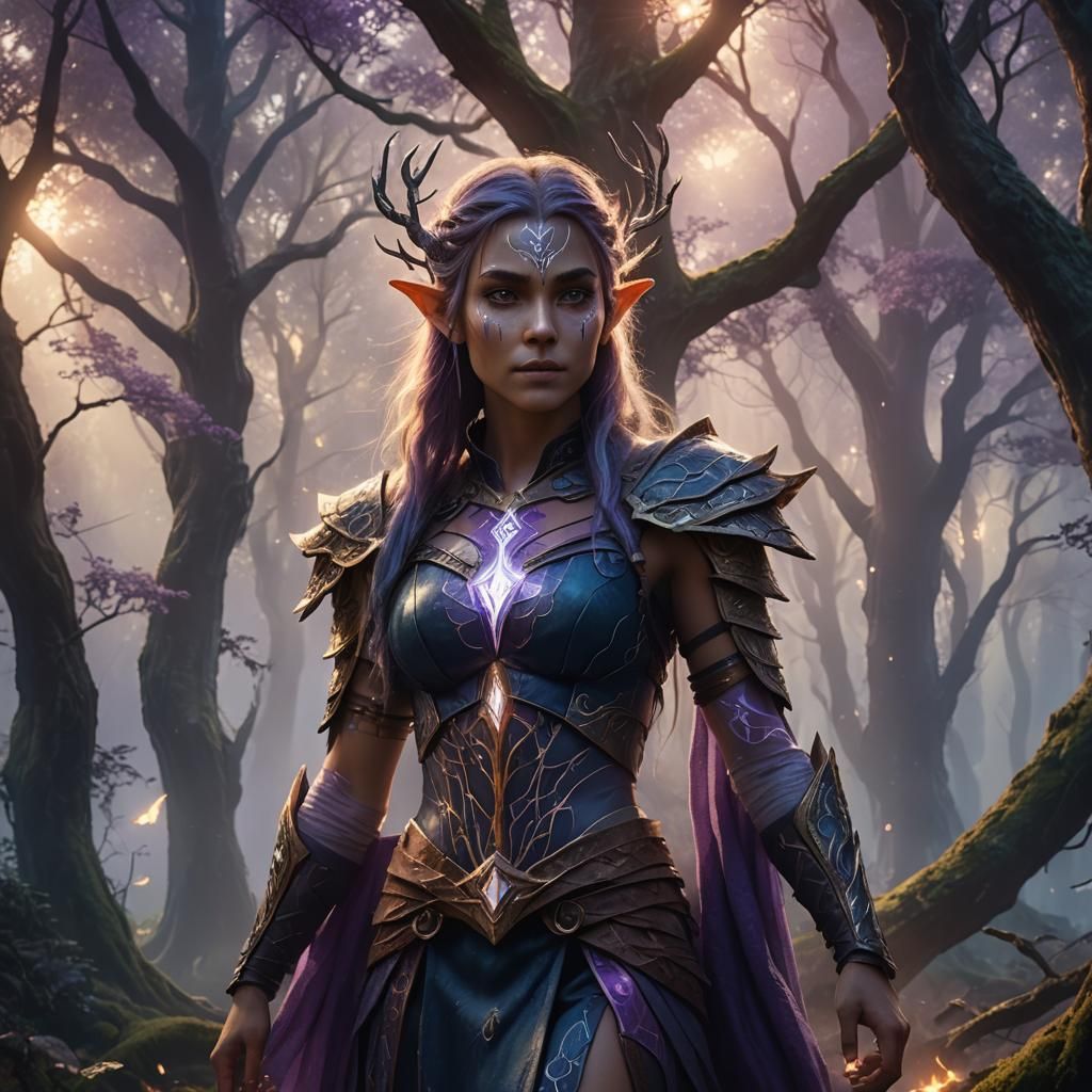 Mystical Half-Elf in Enchanted Forest, Art Nouveau Style